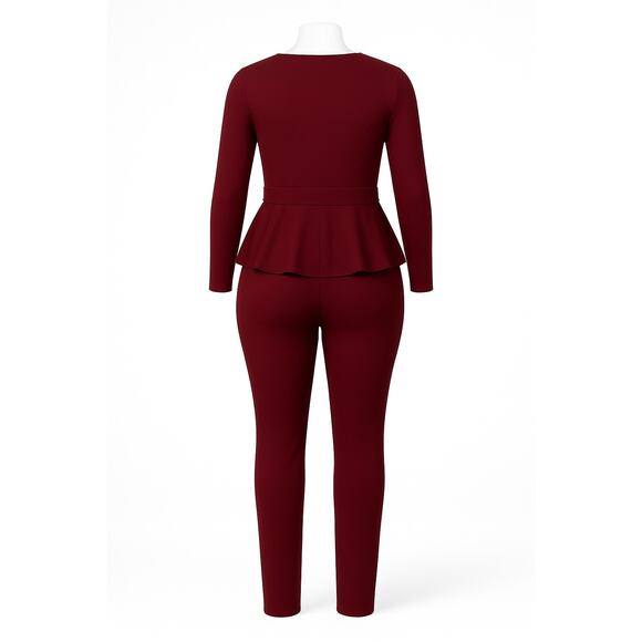 GIBIU Wine Burgundy Peplum Belted Jumpsuit – 1X (Junior Plus 12–14) - Picture 2 of 3